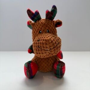 Plush Brown Moose Dog Toy with Festive Plaid Accents